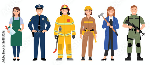 This image showcases a group of six diverse professionals in unique work attires, representing various occupations and their contributions to society's fabric.
