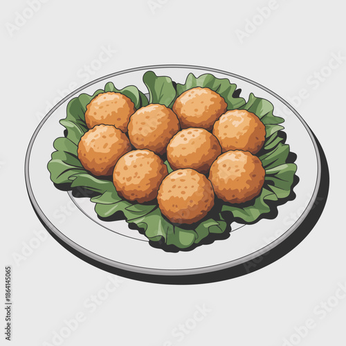 A tempting plate of golden fried balls is served atop a fresh bed of leafy greens, creating an appealing and delicious visual for food lovers and culinary enthusiasts alike.