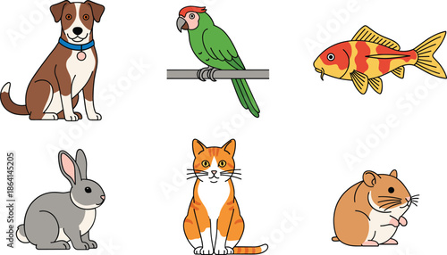 Cute domestic pet animals set including dog parrot fish rabbit cat and hamster vector illustration