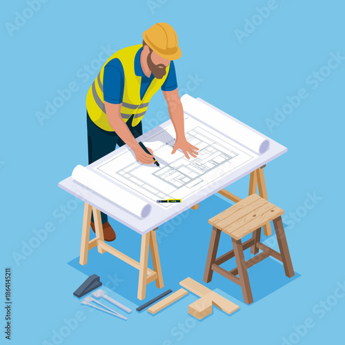 An illustration of a professional craftsman working with architectural plans, embodying creativity and precision. Ideal for construction, design and professional-themed uses.