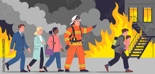 A brave firefighter guides a group of people away from a burning building, showcasing heroism, teamwork, and safety during emergencies in a dramatic, engaging scene.