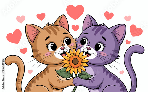 Two adorable cats, one orange and one purple, sharing a charming moment as they present a sunflower to each other. Their playful expression embodies love and companionship.