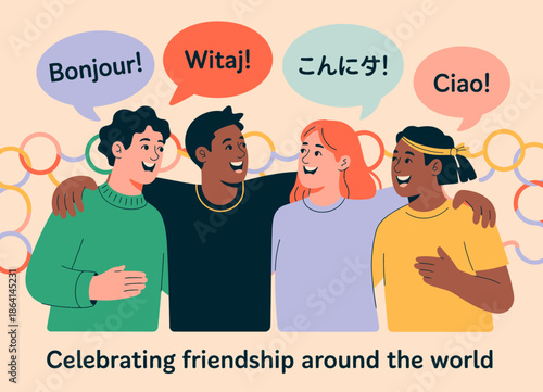 A group of diverse friends, smiling and celebrating friendship, showcasing the importance of unity and connection across cultures with greetings in various languages.