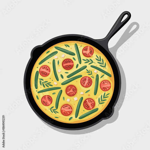 A nutritious vegetable frittata showcases a colorful arrangement of fresh greens and tomatoes, symbolizing healthy eating and culinary expertise in vibrant detail.