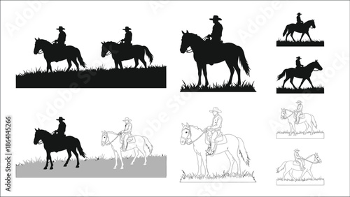 Silhouettes of cowboys on horseback in various poses and styles