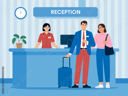 A friendly hotel reception scene featuring a smiling attendant and a couple checking in, highlighting hospitality and comfort in a modern environment for travelers.