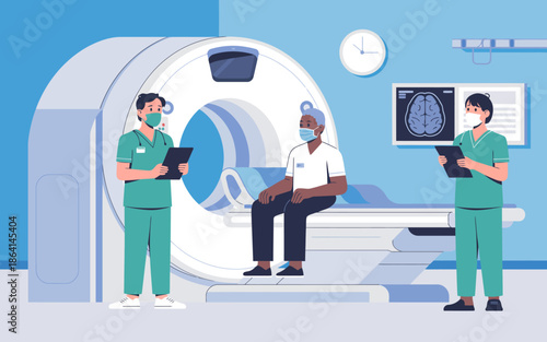 A modern medical setting featuring healthcare professionals assisting a patient for a CT scan, emphasizing the importance of health and advanced technology in medicine.