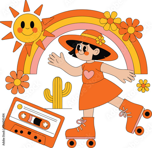 Girl on Roller Skates with Rainbow and Sun orange dress