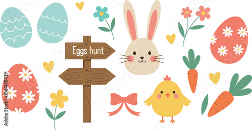 Cute Easter elements set with bunny eggs chick carrots flowers and egg hunt sign vector illustration