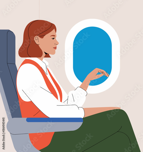 An elegant depiction of a thoughtful woman seated by an airplane window, gazing out and reflecting on her journey within the serene atmosphere of flight.