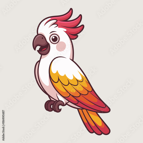 This delightful illustration portrays a cheerful cockatoo with vibrant feathers, showcasing its playful expression and charm, embodying the beauty of wildlife and nature.