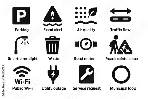 Municipal balanced white bin maintenance vector no smart city background icon streetlight