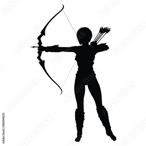 Silhouette Archer with Bow and Quiver – Dynamic Combat Pose Illustration