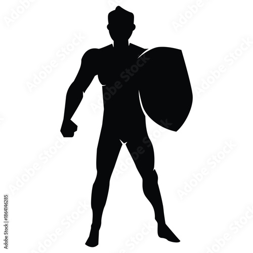 Heroic Silhouette Warrior with Shield – Strength, Power, Protection