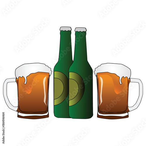 Beer Clipart – Green Bottles and Frothy Amber Mugs Side by Side on White Background