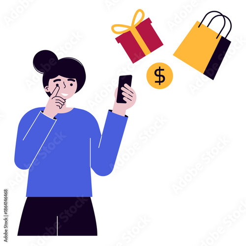 Woman Online shopping and E-commerce concept set. Sale, orders, online payment, delivery, loyalty program