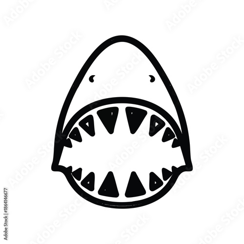 Minimalist flat 2D vector illustration depicting a dangerous shark mouth symbol with menacing sharp teeth, created using loose hand-drawn black lines and isolated on a clean white background.