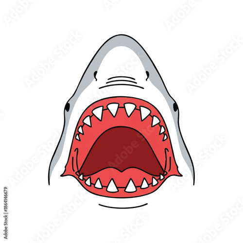 A minimalist 2D flat vector illustration featuring a stylized hand drawn shark mouth icon with sharp teeth, perfectly symbolizing danger, aggression, and predatory threat, isolated on white.