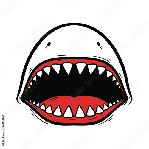 A dangerous shark mouth symbol depicted in a simple 2D flat vector illustration style emphasizes predatory threat with sharp teeth, isolated on a clean white background.