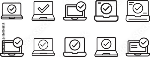  Digital approval process outline icon set with laptop and check symbol for online workflow and business review.