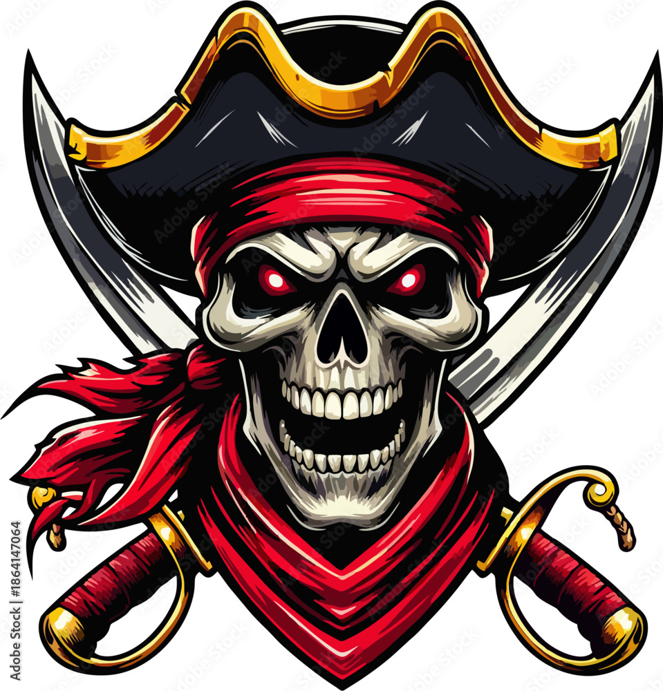 Fototapeta premium Pirate skull emblem with tricorn hat red bandana crossed swords