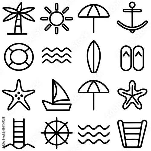 Beach and nautical icons isolated on transparent background
