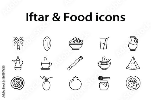 Ramadan Iftar & Traditional Arabic Food Icon Set - Vector Line Art