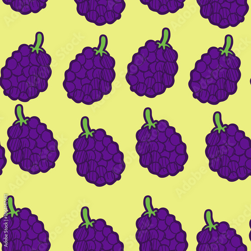 Hand drawn ripe purple juicy grape berries bunches seamless pattern. Purple grape vector background, wallpaper, paper, fabric with yellow background