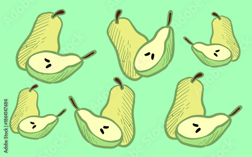 Hand drawn pears seamless pattern  on a green background Fruity print