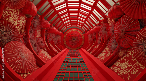 Artistic red umbrella tunnel with traditional chinese patterns and lantern background