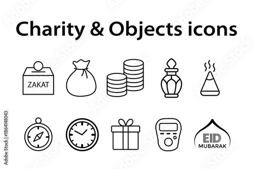 Islamic Charity (Zakat), Gift & Religious Objects Icon Set - Ramadan Vector