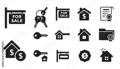 Black vector icons of real estate and property concepts, including house, key, and sale signs.