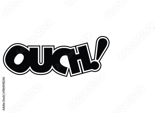 Comic Text Clipart – Bold “OUCH!” in Stylized Black Letters with White Outline on White Background