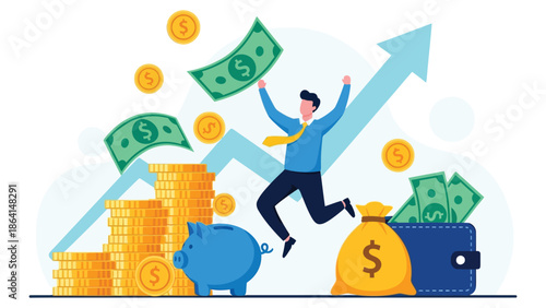Vector illustration of a happy man celebrating income growth and successful investment.