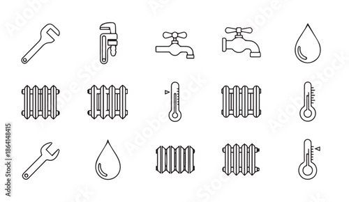 Set of plumbing and heating icons including wrenches, faucets, radiators, thermometers, and water droplets