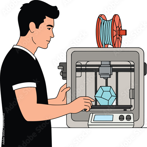 Person Operating 3D Printer Creating Geometric Polyhedron