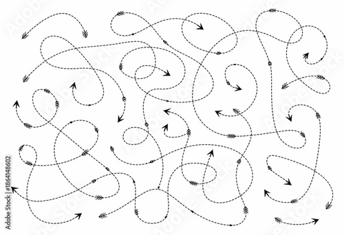 Chaotic yet charming collection of dashed arrows moving in multiple directions, representing whimsical navigation, playful graphics