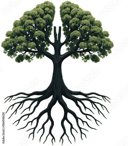 Tree Silhouette with Green Leaves and Roots.