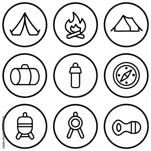 Outdoor camping icons isolated on transparent background
