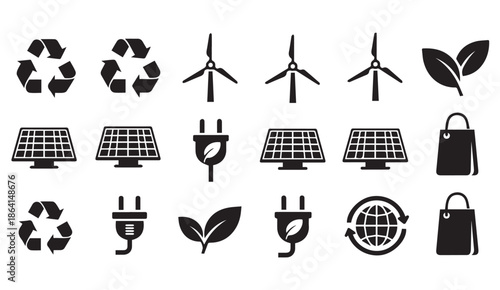 Eco friendly icons set including recycling symbol, solar panels, wind turbines, green leaf, eco bag, and electric plug with leaf
