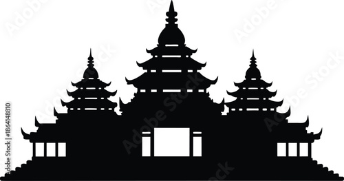 Asian Temple Silhouette Clipart – Black Pagoda Structure with Tiered Roofs and Upturned Eaves on White Background