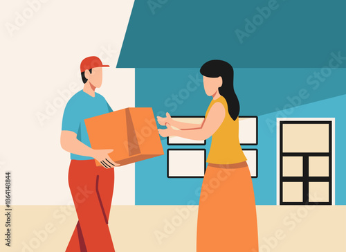 a man is sending a package to a woman