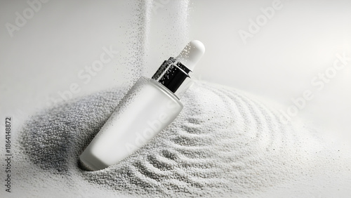 Serum bottle on sand with powder falling around it