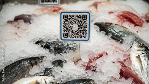 Fresh seafood on ice with QR code label for easy shopping