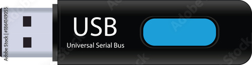 USB Flash Drive Clipart – Black and Blue Data Storage Device with Silver Connector and Label on Gray Background