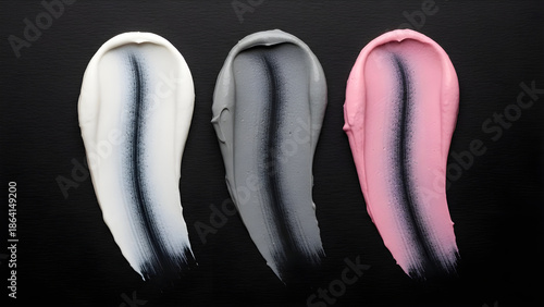 Vibrant makeup brush strokes in white, grey, and pink on black background