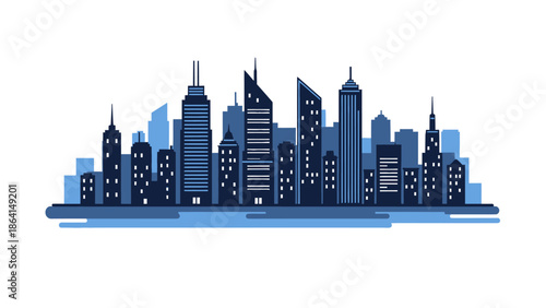 Modern city skyline illustration with blue skyscrapers and tall buildings on an isolated white background.
