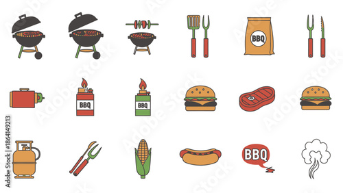 BBQ grilling party icons set with food and equipment on an isolated white background.