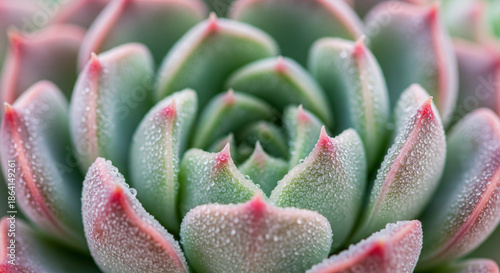 An extreme macro close-up of an Echeveria succulent. Focus on the intricate geometry of the leaves and the soft, powdery farina coating. Tiny droplets of morning dew resting on the edges .