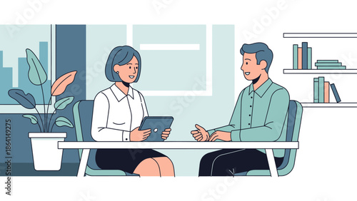 Two professional business people engaged in a discussion during a meeting in a modern office.